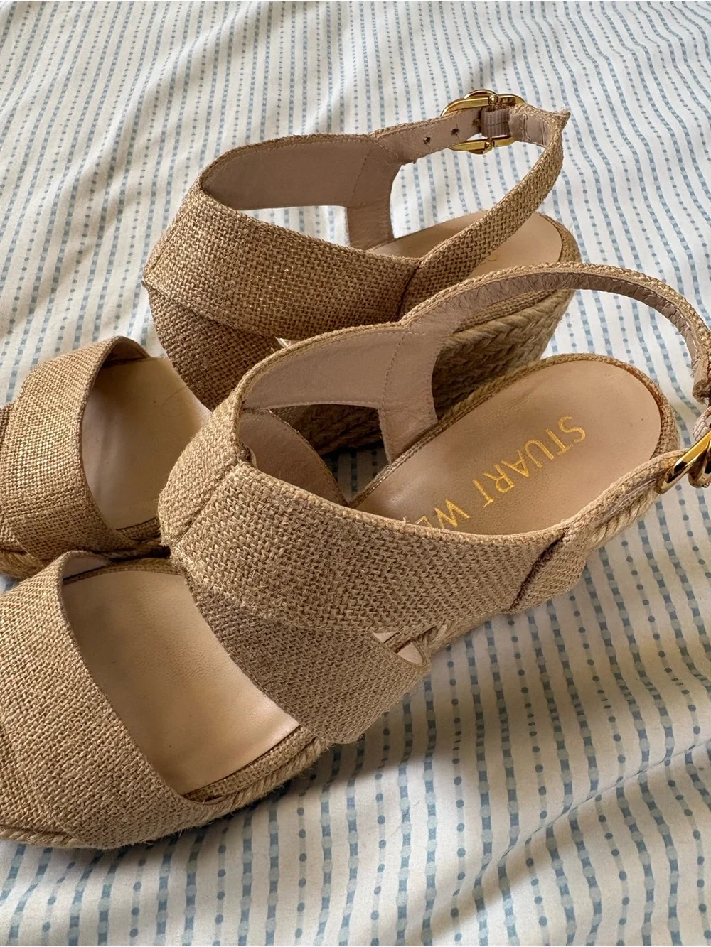 Stuart Weitzman Beige Woven Espadrille Sandals, size 8.5.